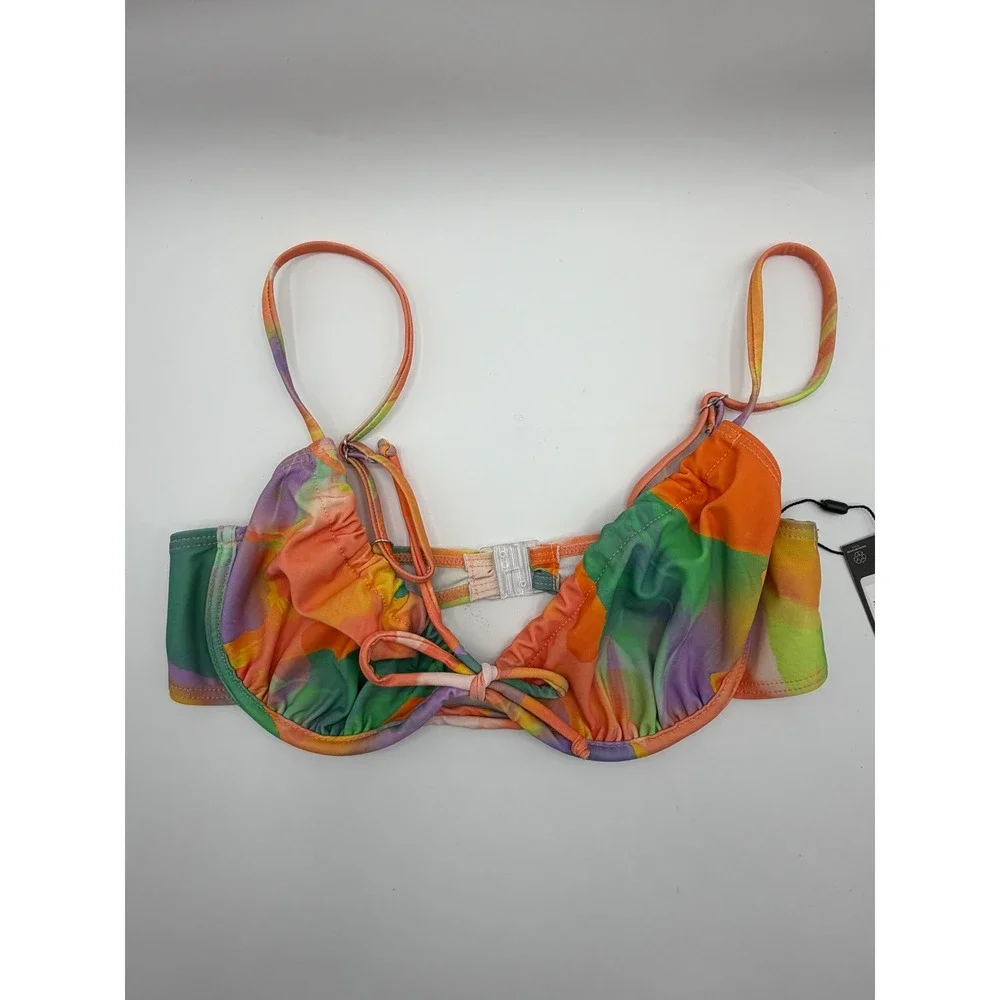 PrettyLittleThing Bikini Top Women 4 Peach Pastel Abstract Ruched Underwired NEW